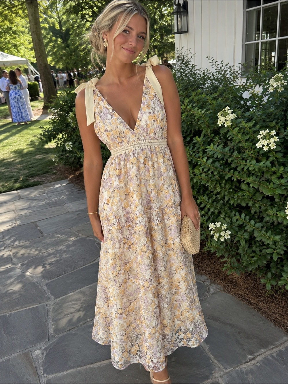 Floral Tie-Shoulder V-Neck Dress - Yellow & Lavender Lace Sequin Detail Formal
